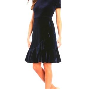 Karl Lagerfeld Paris Velour Ruffle Hem Faux Wrap Dress - Size 14, navy blue